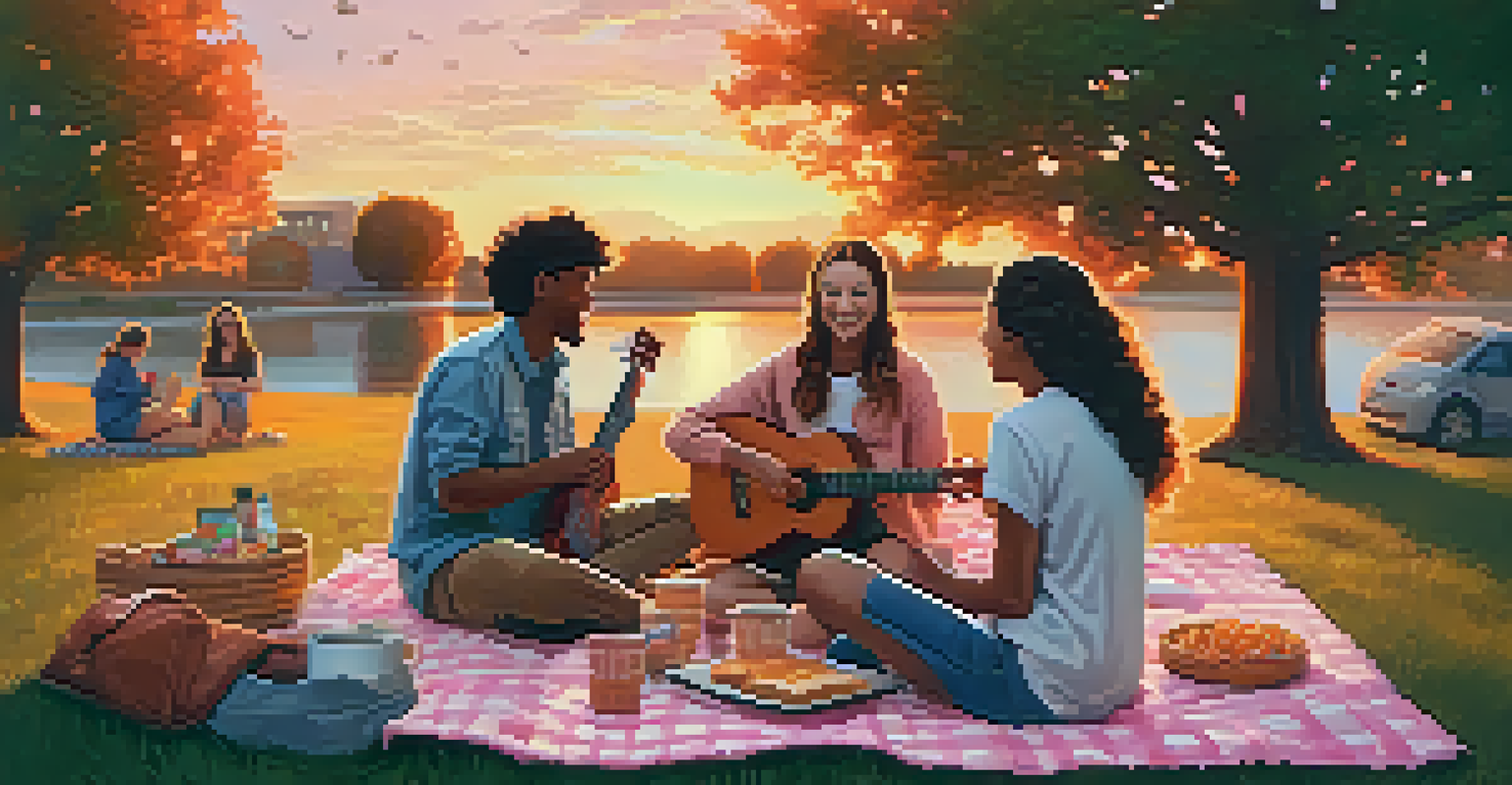 Friends gathering at a park during sunset, one person playing a ukulele.