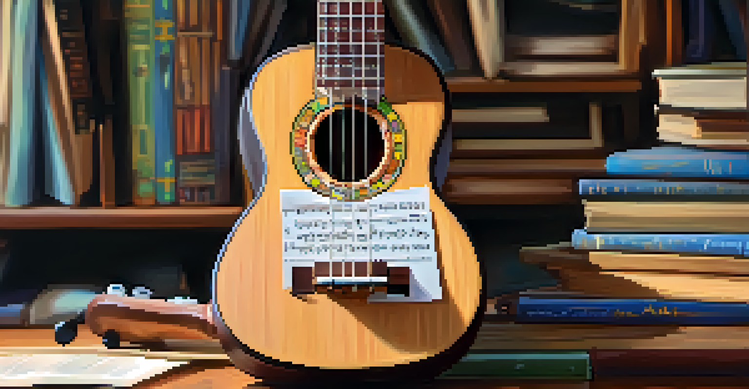 A close-up of a polished wooden ukulele surrounded by colorful chord diagrams and practice sheets, with a blurred bookshelf in the background.