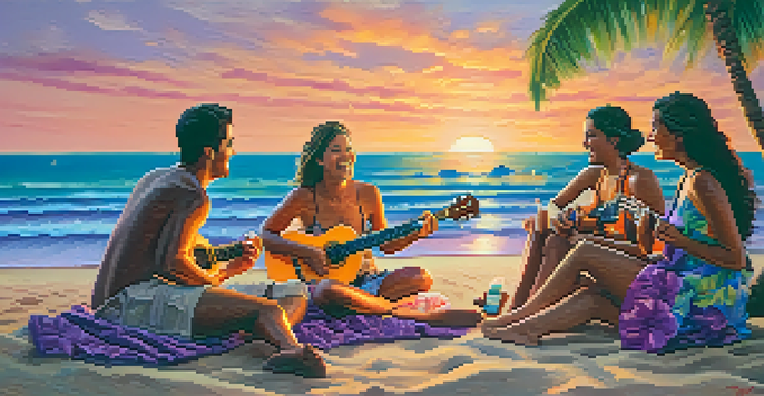 A lively group of friends playing ukuleles on a Hawaiian beach during sunset, with vibrant colors in the sky and palm trees in the background.