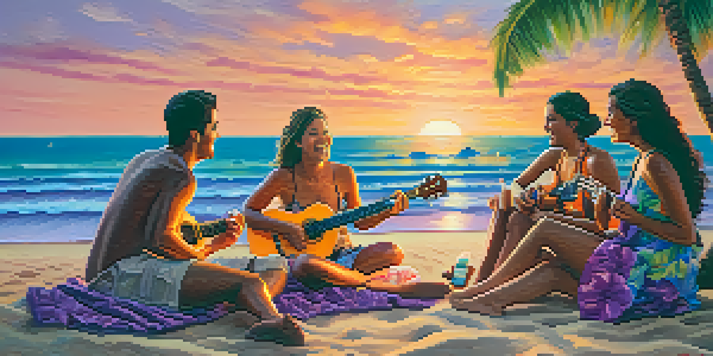 A lively group of friends playing ukuleles on a Hawaiian beach during sunset, with vibrant colors in the sky and palm trees in the background.