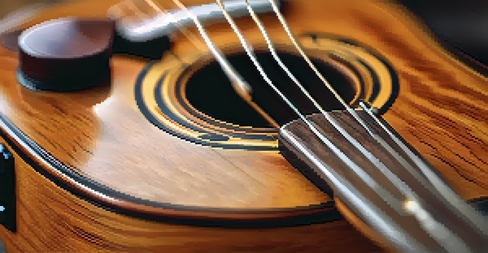 A close-up view of a ukulele displaying its detailed wood grain and shiny finish, with emphasis on the soundhole and bridge, in a softly blurred background.