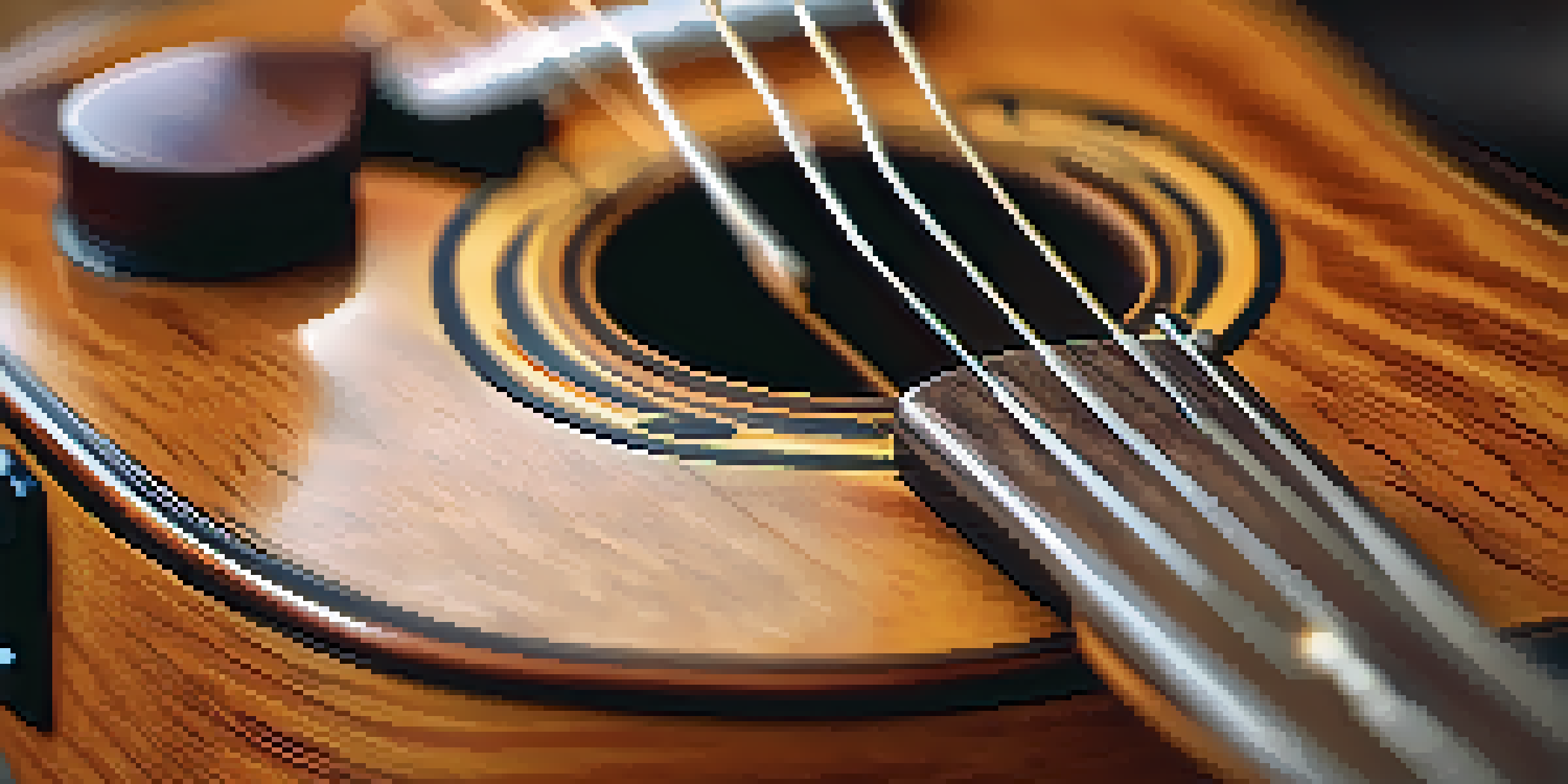 A close-up view of a ukulele displaying its detailed wood grain and shiny finish, with emphasis on the soundhole and bridge, in a softly blurred background.