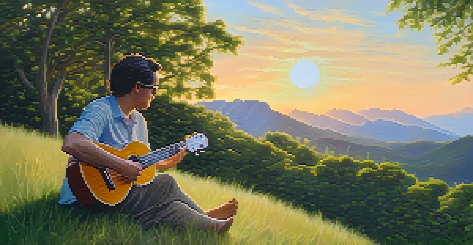 A person playing a tenor ukulele on a grassy hill at sunset, with a warm golden glow and lush greenery around.