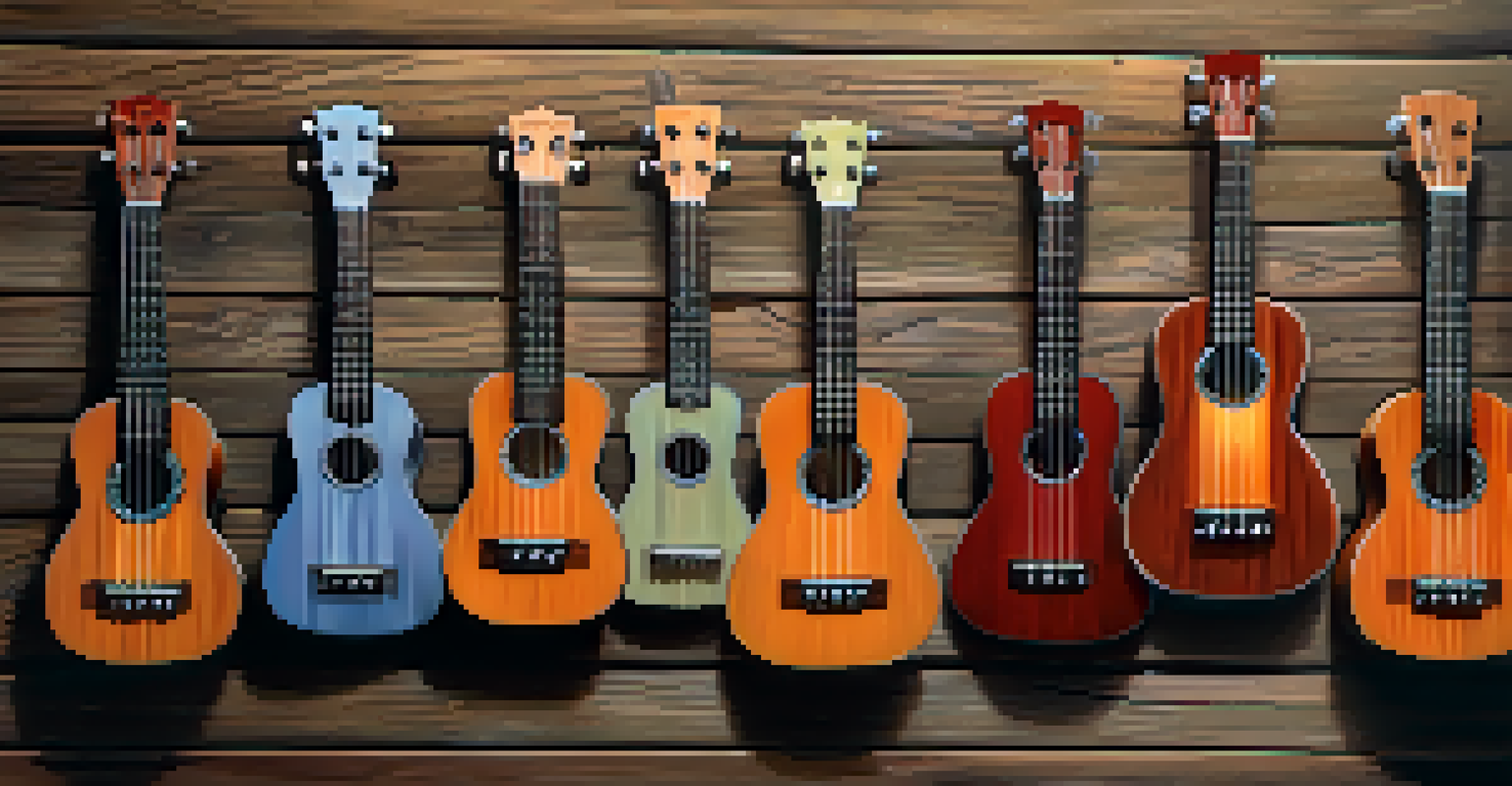 An arrangement of various ukulele strings on a wooden surface, showcasing nylon, fluorocarbon, and gut strings.