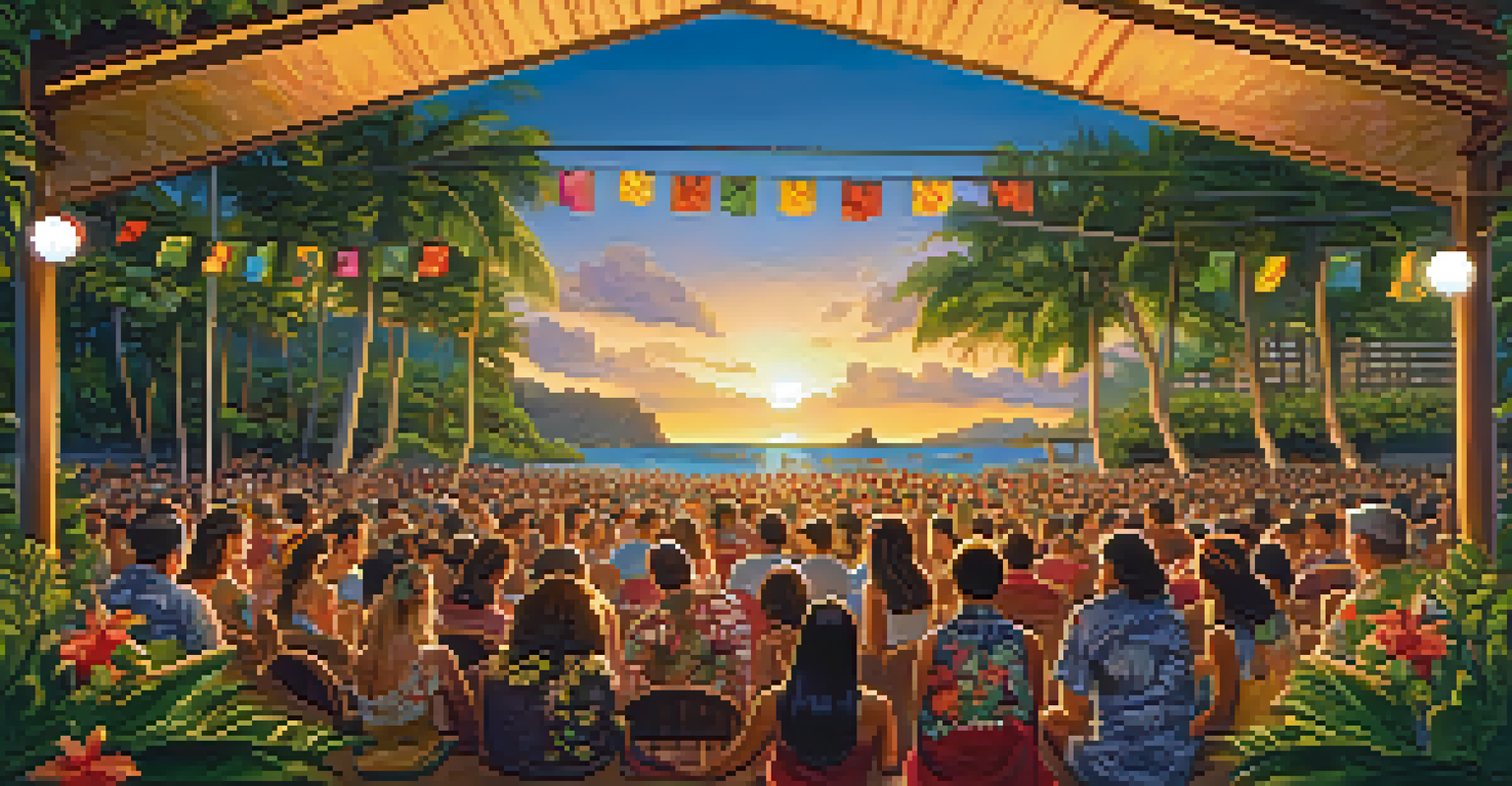 A Hawaiian music festival with musicians on stage playing ukuleles, surrounded by an audience, greenery, and a sunset in the background.