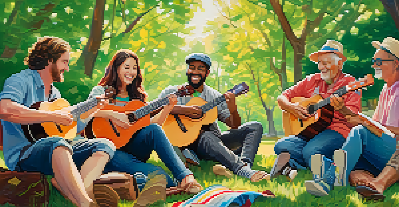 A diverse group of musicians playing ukuleles together in a park, surrounded by greenery and colorful picnic blankets.