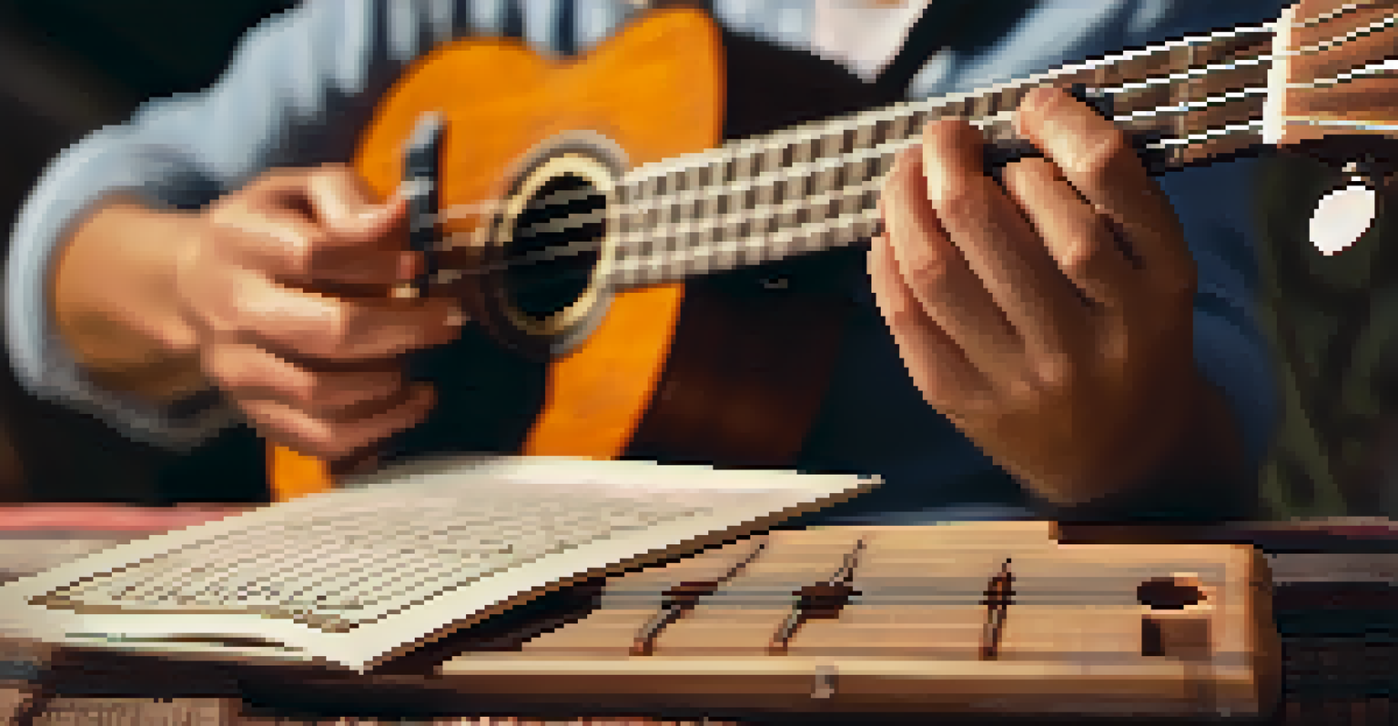 A close-up view of hands strumming a ukulele, with a softly blurred background.