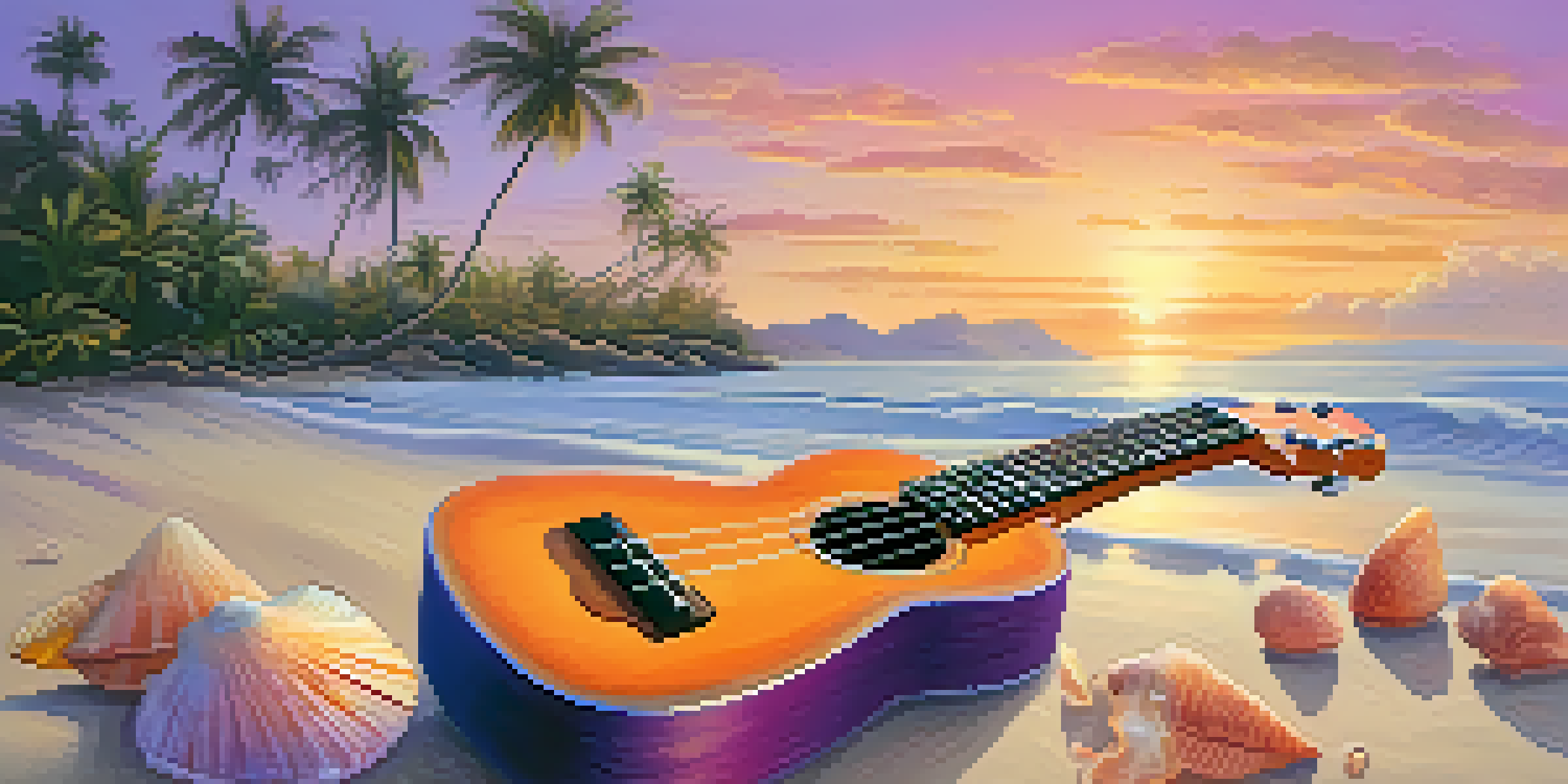 A ukulele on a sandy beach at sunset with colorful skies and gentle waves.