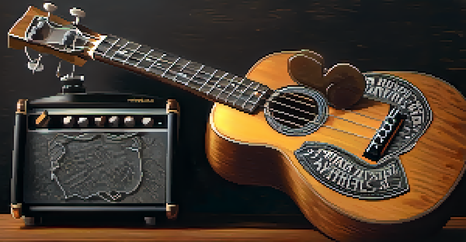 A close-up of a ukulele on a textured amplifier surrounded by guitar picks and drumsticks.