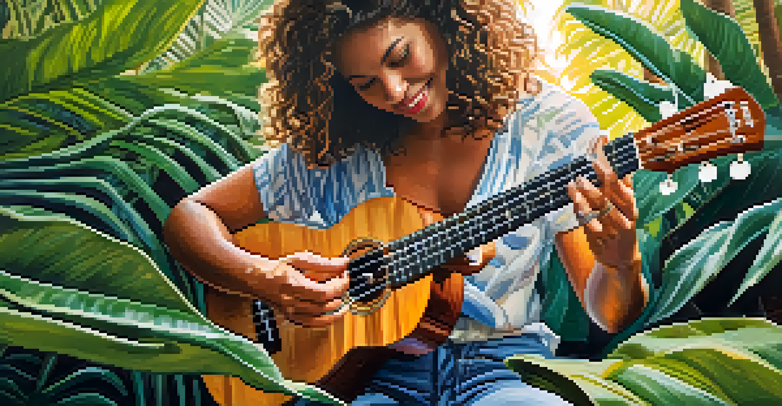 A person's hands playing a ukulele amidst lush tropical plants, with sunlight filtering through the leaves.