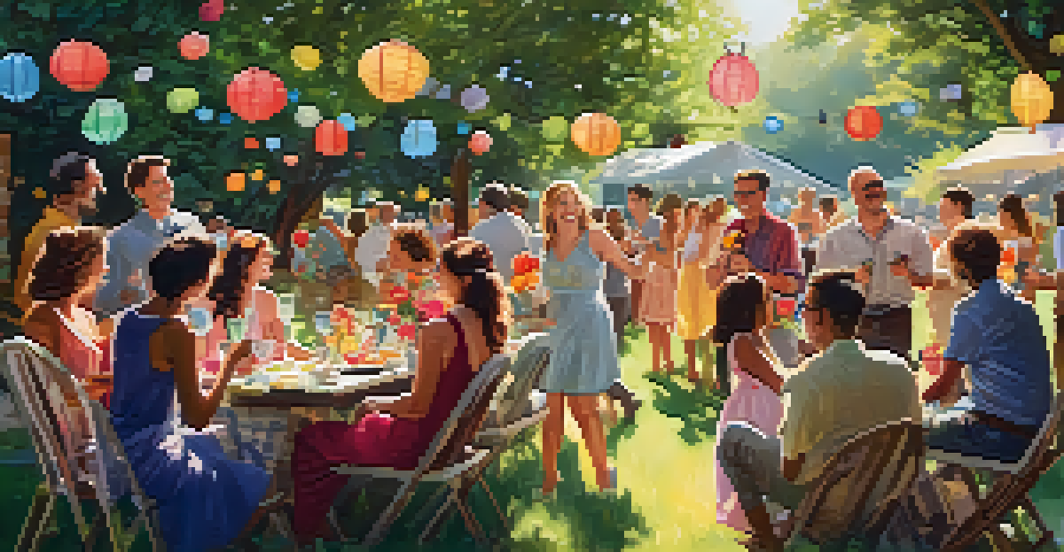 A lively outdoor garden party with friends enjoying music, laughter, and colorful decorations.