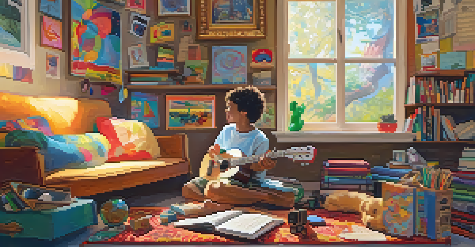 A child sitting on a rug with a ukulele and art supplies in a warm, inviting room filled with music notes.