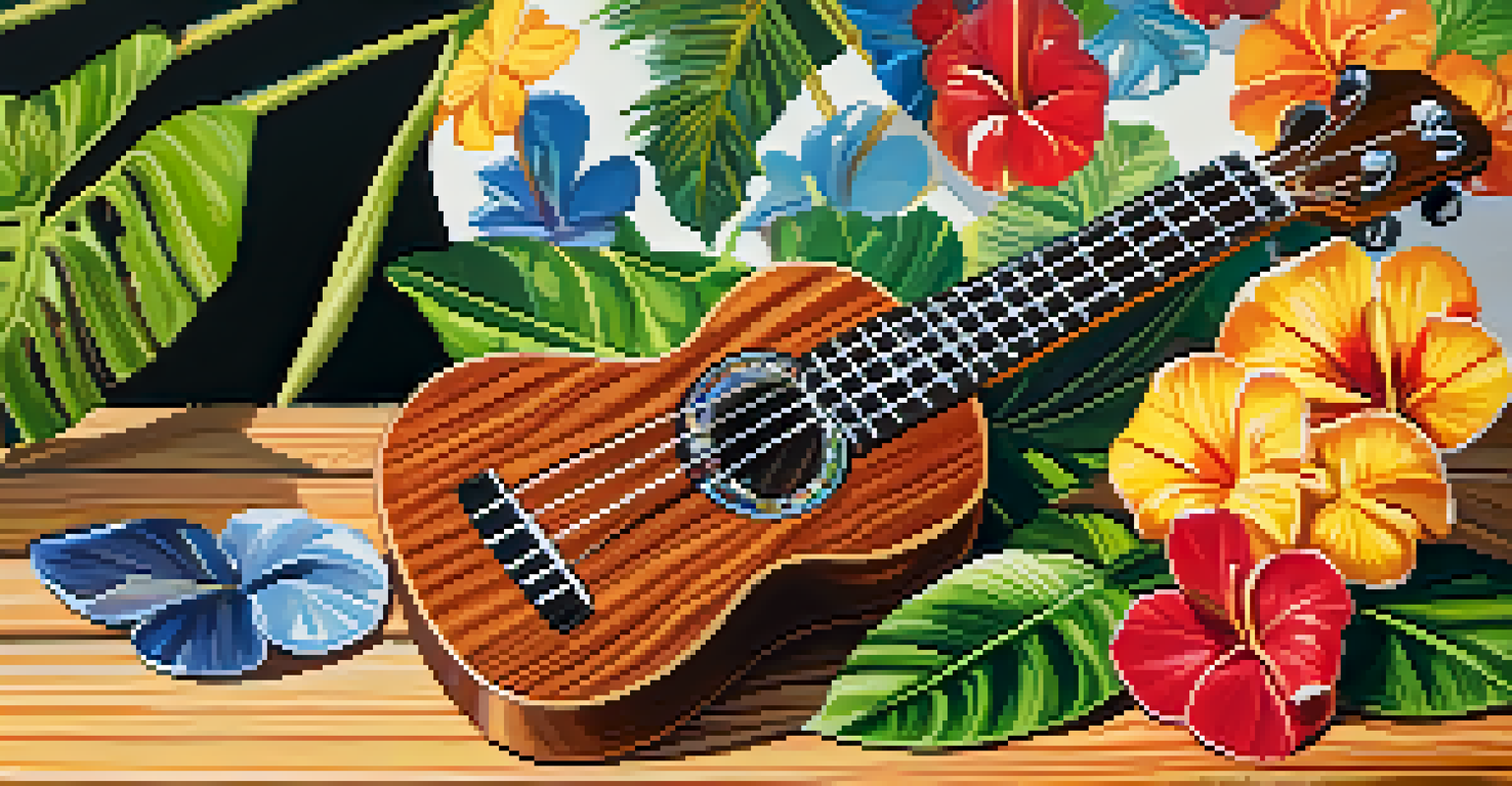 A close-up view of a beautifully crafted ukulele on a wooden table, adorned with tropical flowers and sunlight casting shadows.