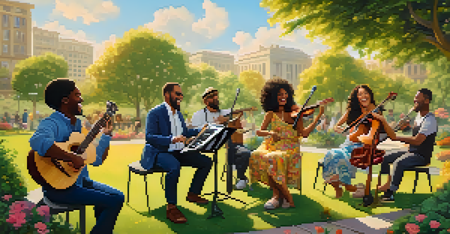A group of diverse musicians playing together outdoors in a sunny park filled with flowers.