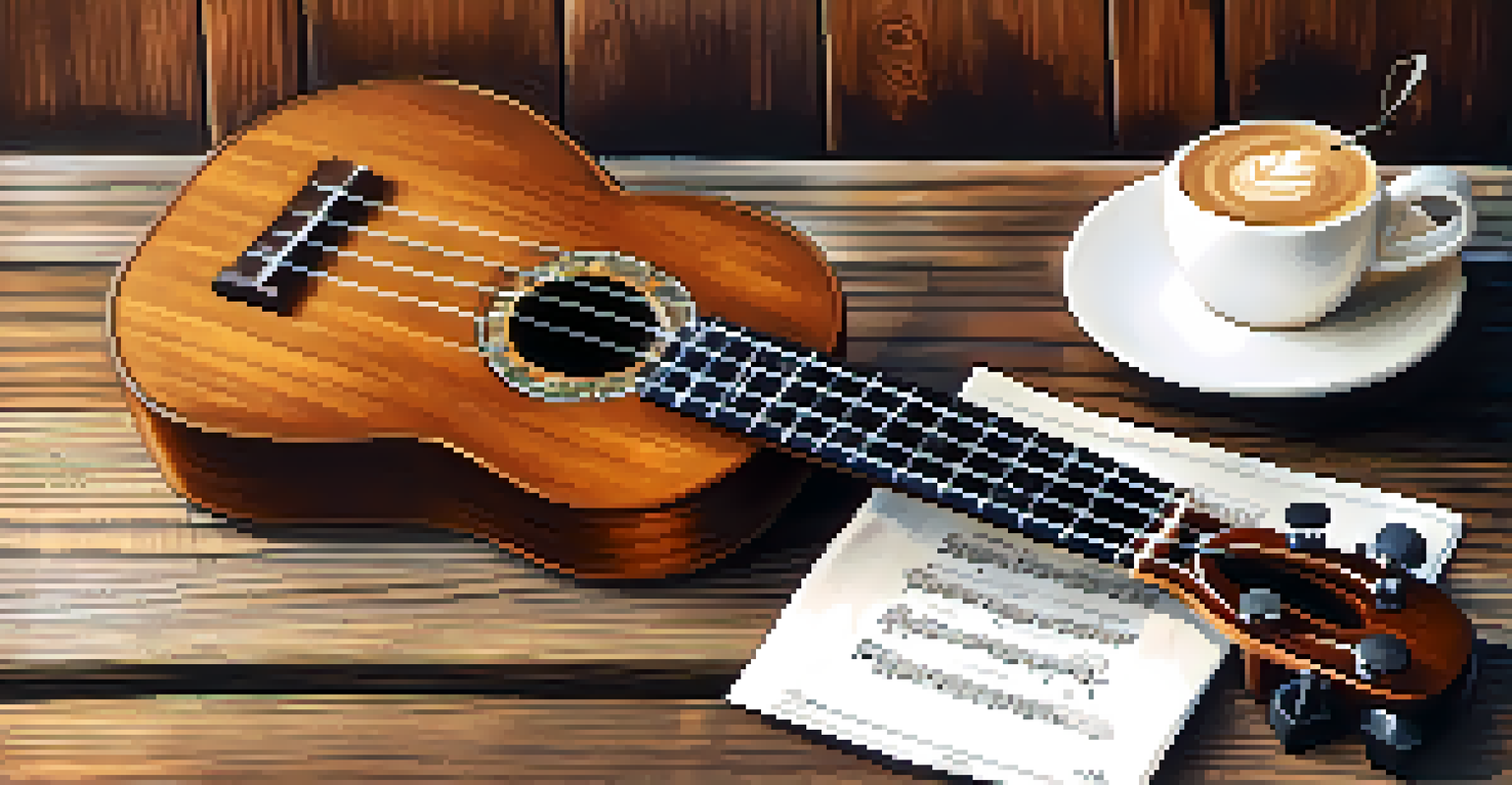 A flat lay of a ukulele, sheet music, and a coffee cup on a rustic wooden table.