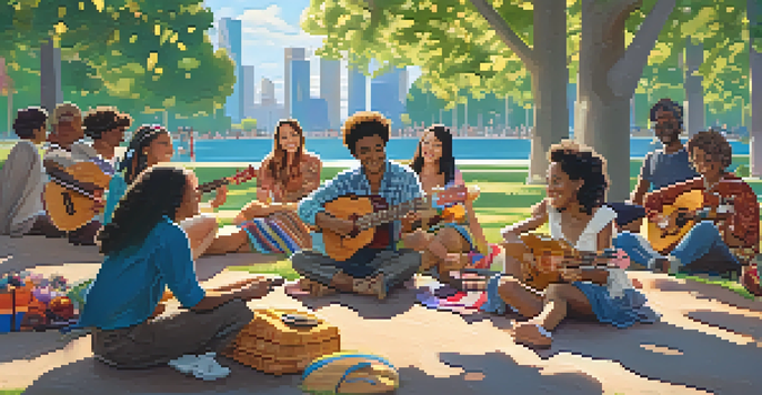A diverse group of musicians playing ukuleles in a sunny park, with colorful decorations and happy attendees.