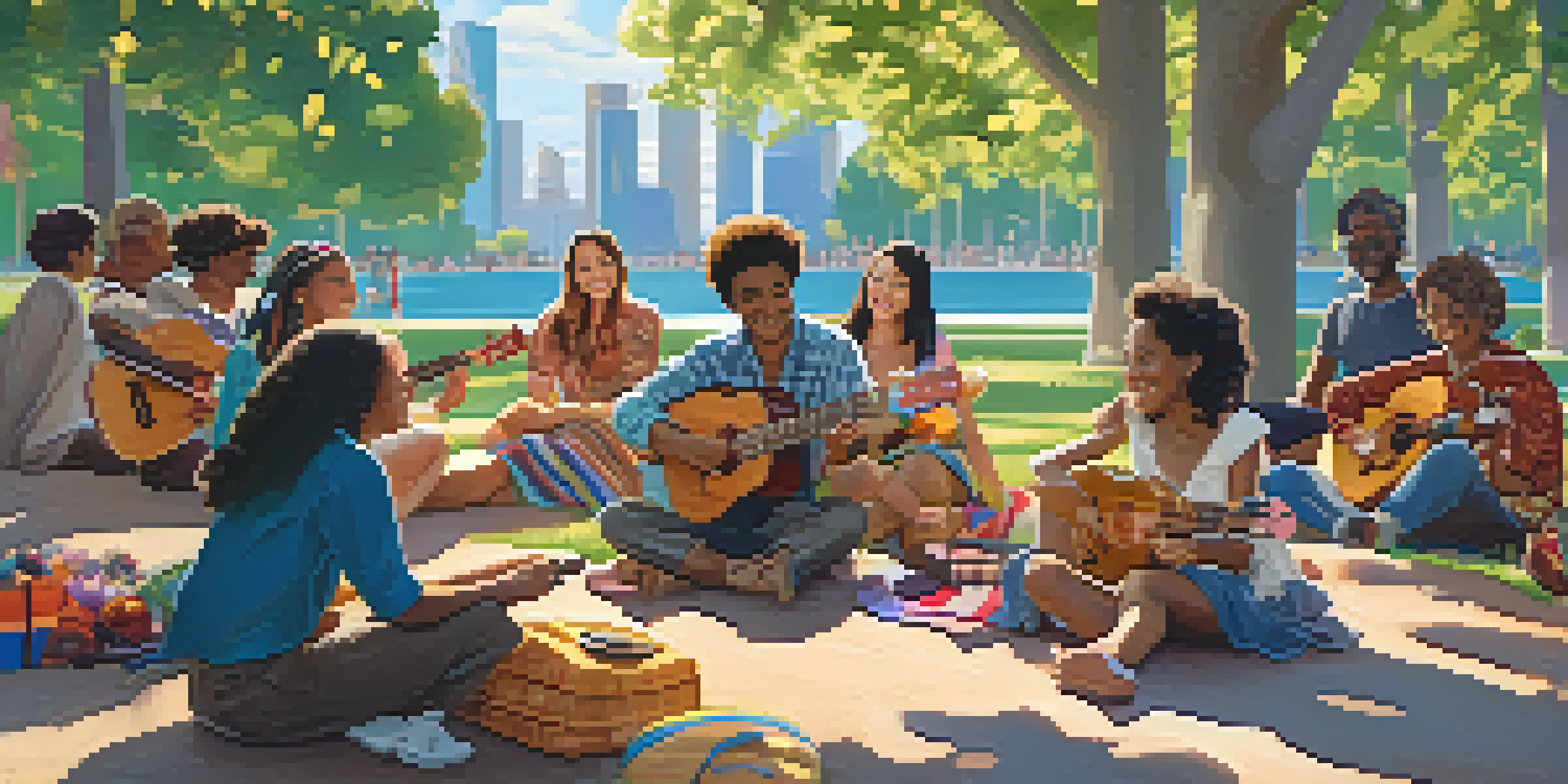 A diverse group of musicians playing ukuleles in a sunny park, with colorful decorations and happy attendees.