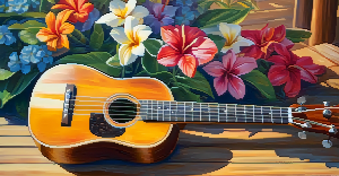 A vibrant ukulele on a wooden table with colorful sheet music and tropical flowers, illuminated by warm sunlight.