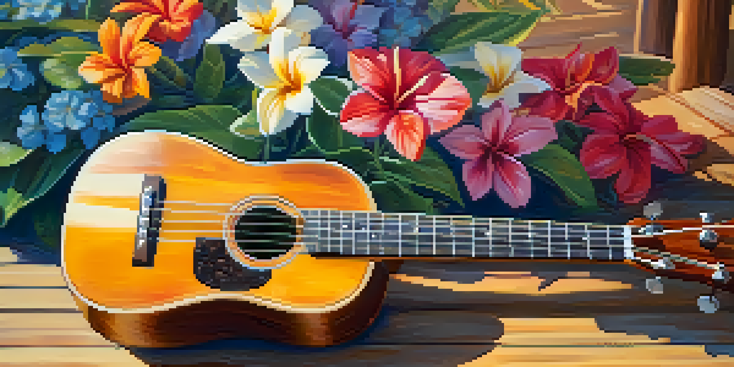 A vibrant ukulele on a wooden table with colorful sheet music and tropical flowers, illuminated by warm sunlight.