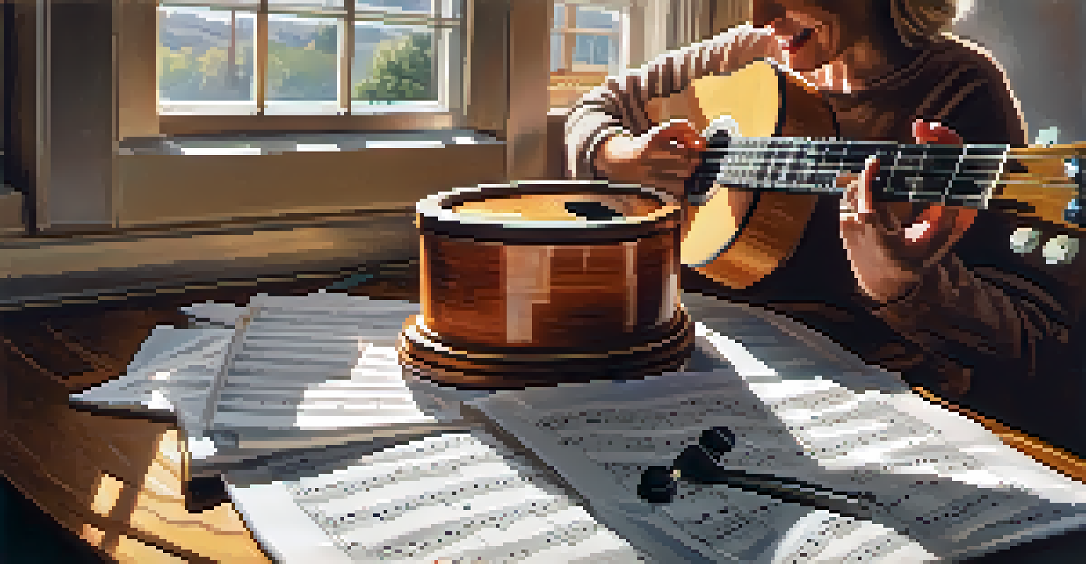 A close-up of a couple's hands playing a ukulele together with music sheets around them, showcasing a joyful learning experience.