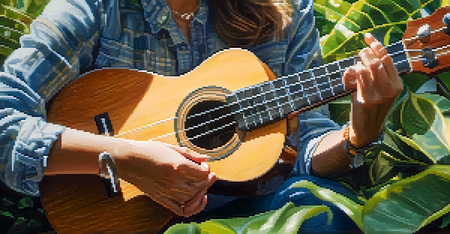 A close-up of hands strumming a ukulele with sunlight filtering through green leaves, creating a serene atmosphere.