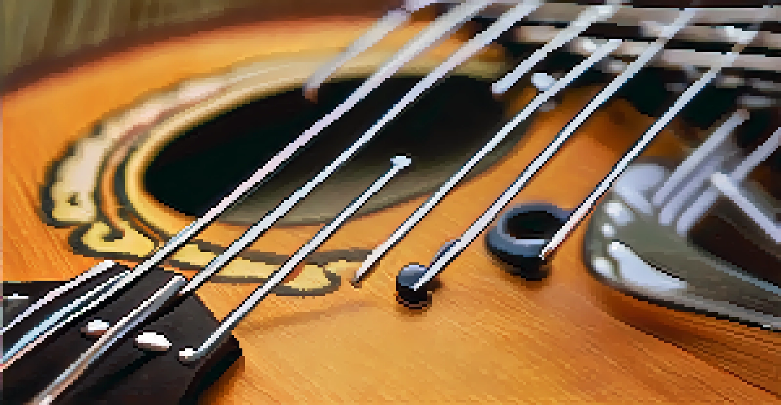 Close-up of ukulele strings in warm light, highlighting their texture and color.