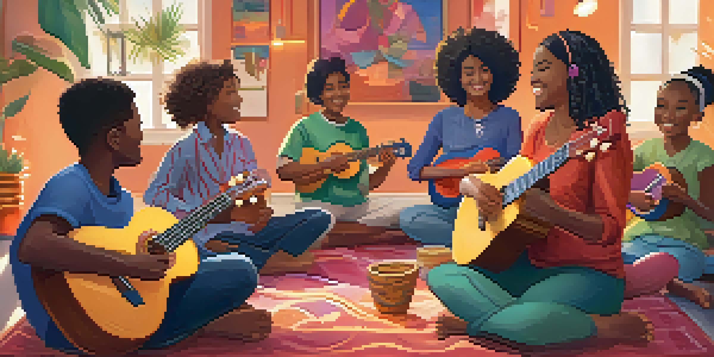 A group of people in a music therapy session, each holding a ukulele, smiling and engaging in a warm, inviting room decorated with colorful items.