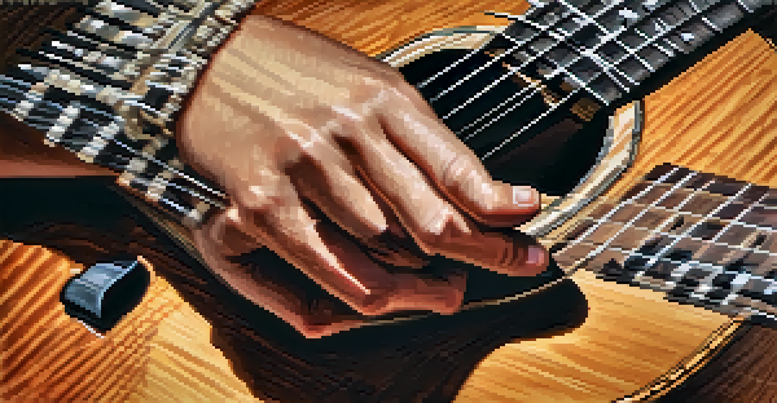 Close-up of hands strumming a beautifully crafted ukulele, with music sheets in the background.