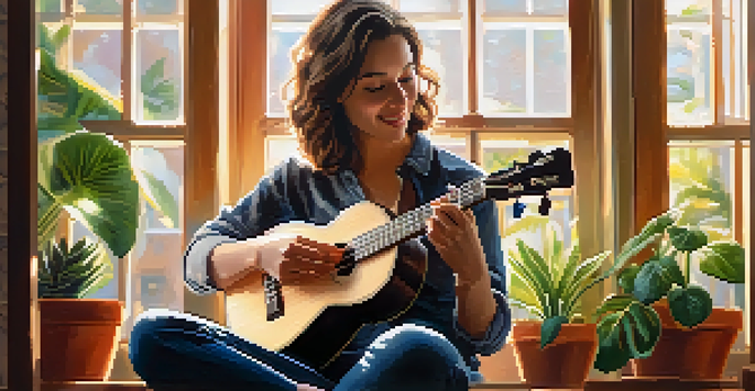 A person playing the ukulele using fingerstyle techniques in a sunlit room, highlighting their hands on the instrument.
