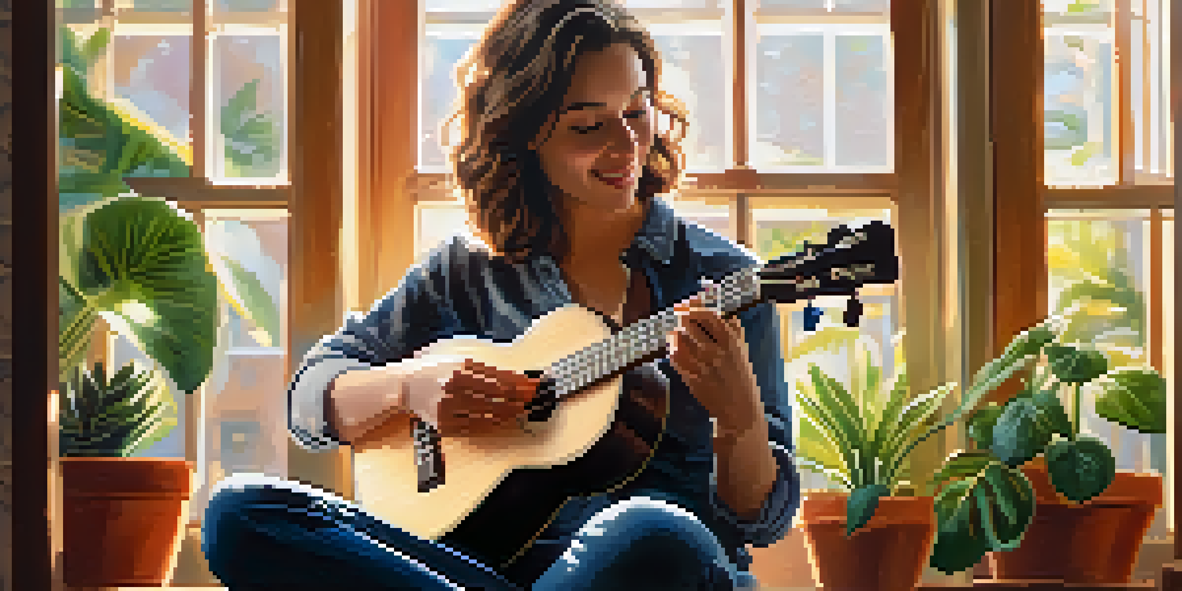 A person playing the ukulele using fingerstyle techniques in a sunlit room, highlighting their hands on the instrument.