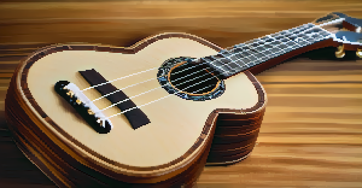 A beautifully designed ukulele with wooden inlays, showcased elegantly on a soft fabric surface.