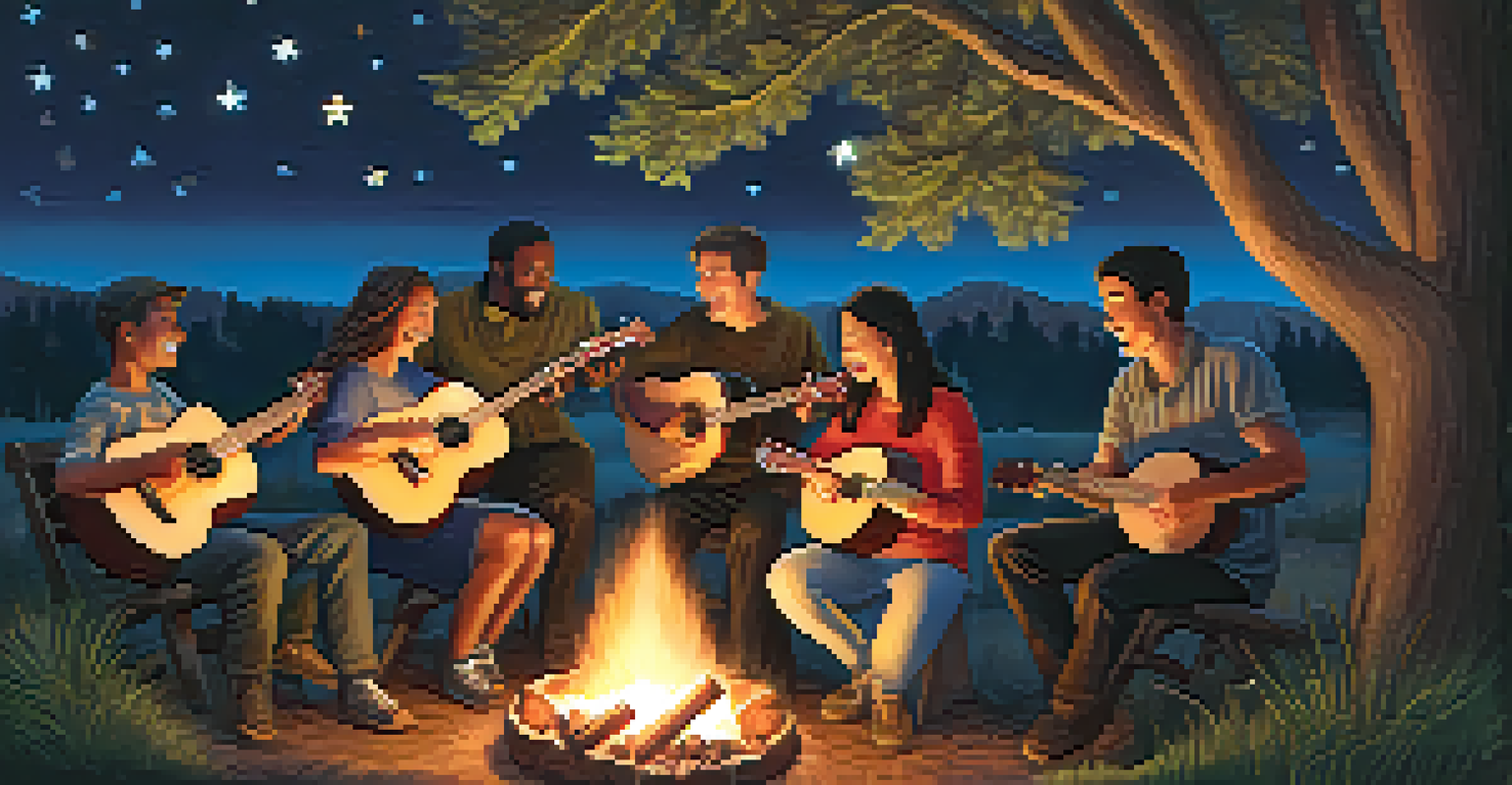 A group of musicians playing ukuleles around a nighttime campfire, with warm firelight illuminating their joyful faces and a starry sky above.