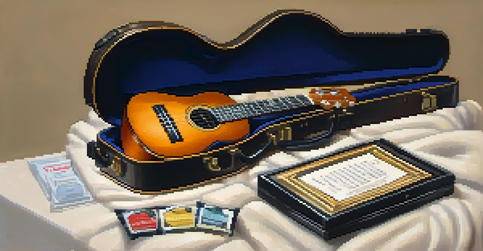 A ukulele in a hard case with silica gel packets next to it, showcasing the plush interior and the instrument's shine.