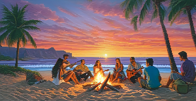 A sunset beach scene in Hawaii with friends playing ukuleles around a bonfire, surrounded by palm trees.