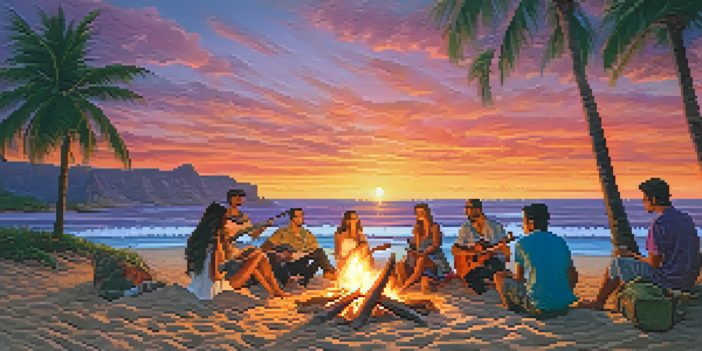 A sunset beach scene in Hawaii with friends playing ukuleles around a bonfire, surrounded by palm trees.