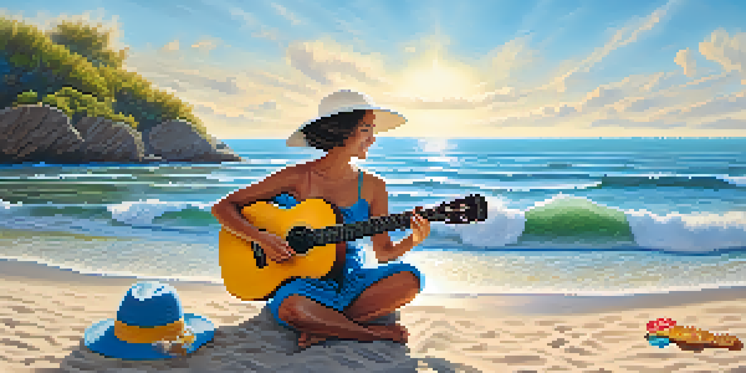 A person playing a ukulele on the beach with waves in the background and a sunny sky.