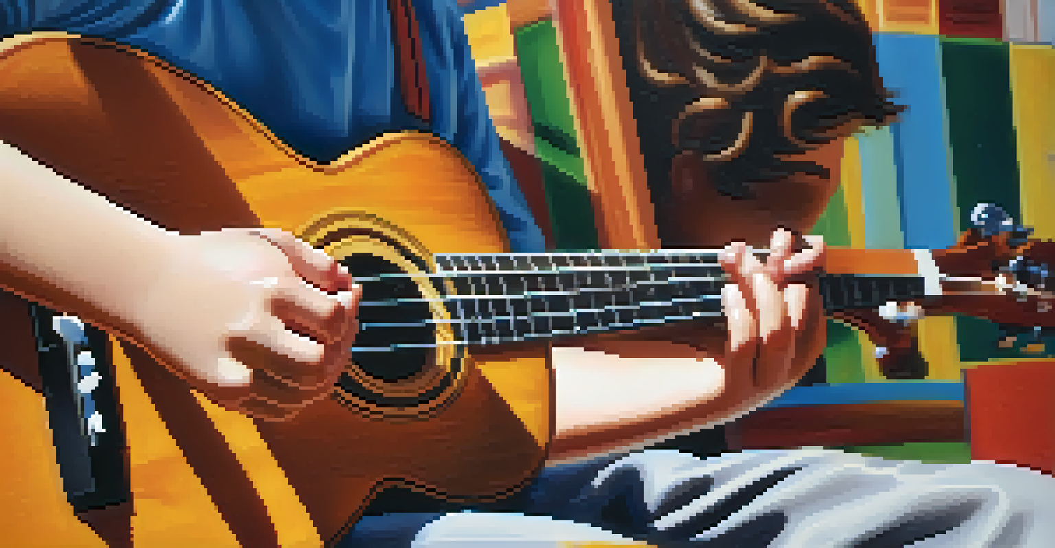 Close-up of a child's hands strumming a ukulele, highlighting the instrument's texture and colors.