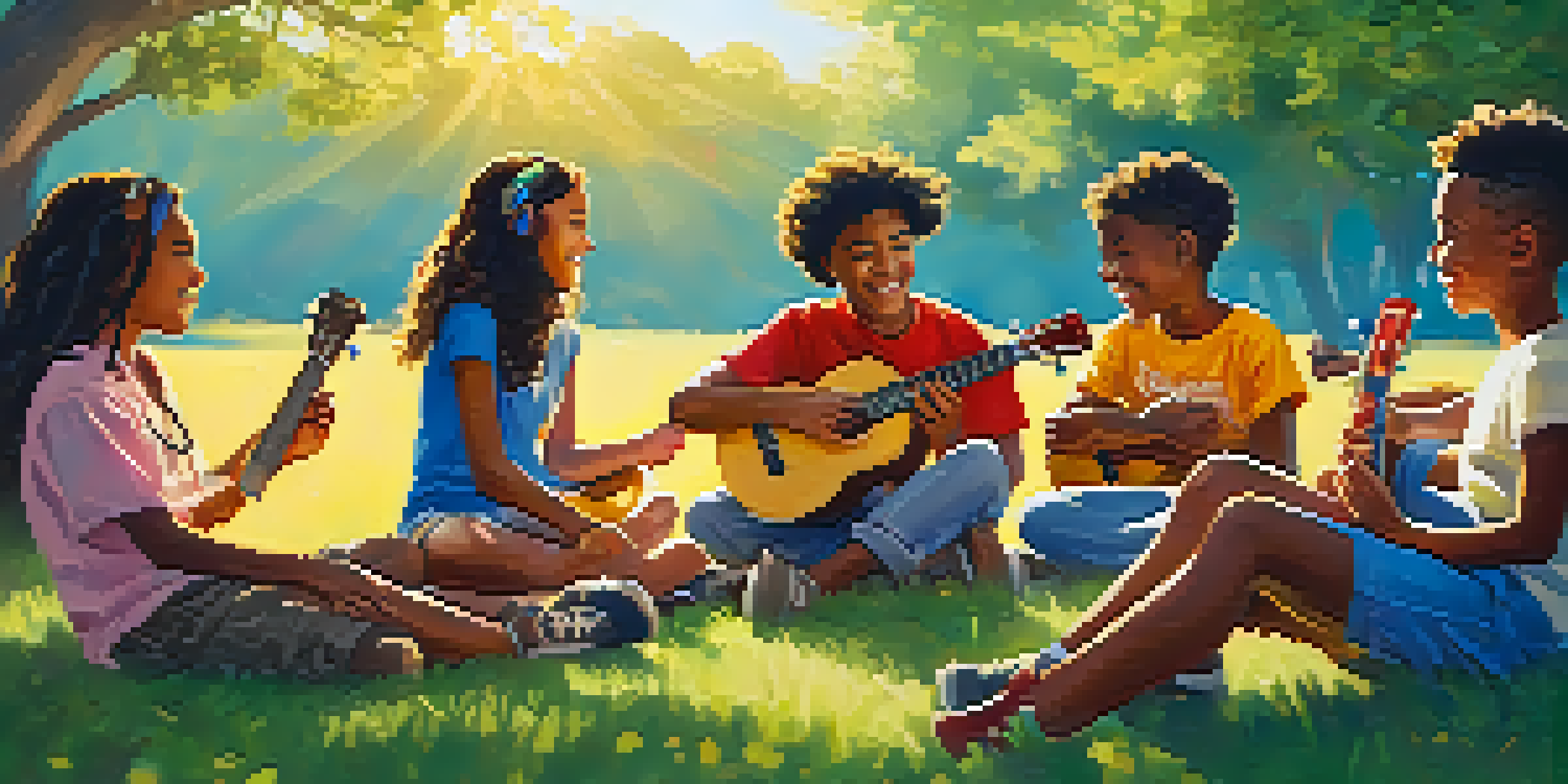 A diverse group of young people playing ukuleles together in a sunny outdoor setting, surrounded by nature.