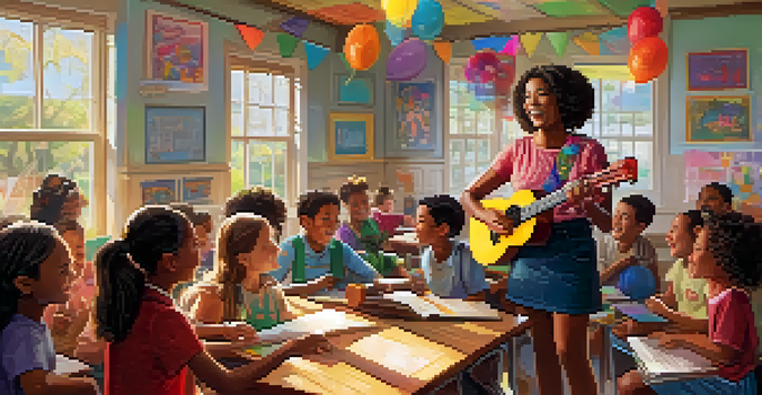A diverse group of students in a colorful classroom, happily playing ukuleles together under bright sunlight.
