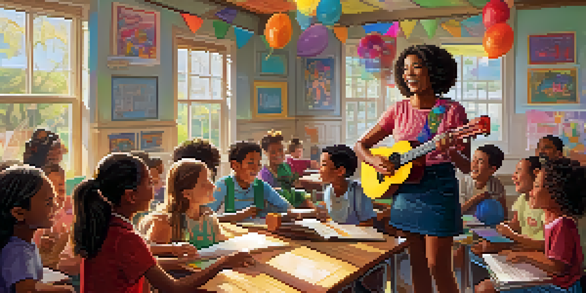A diverse group of students in a colorful classroom, happily playing ukuleles together under bright sunlight.