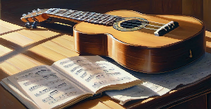 A close-up of a ukulele on a wooden table with fingers tapping on the fretboard, illuminated by warm sunlight.