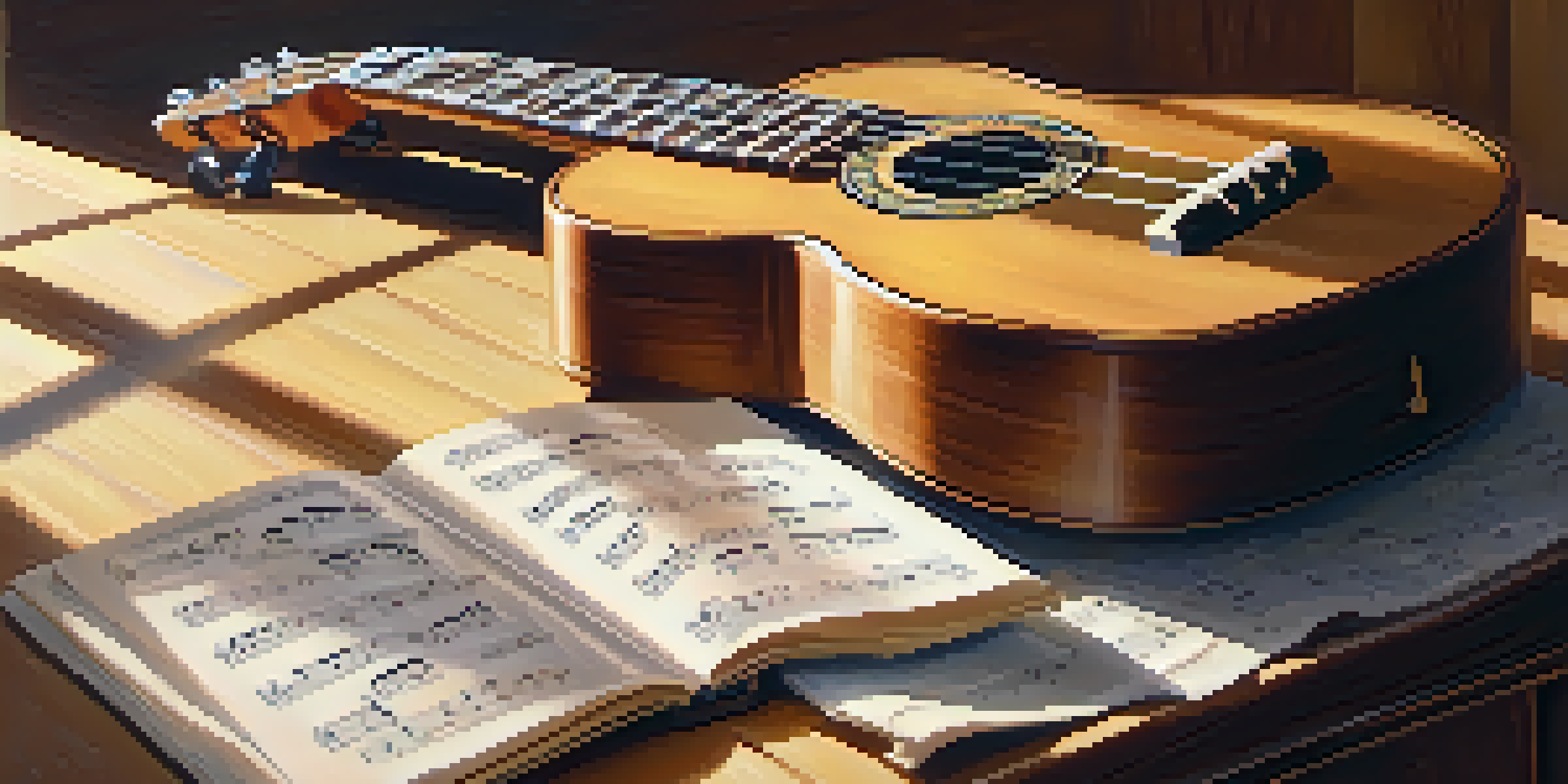 A close-up of a ukulele on a wooden table with fingers tapping on the fretboard, illuminated by warm sunlight.