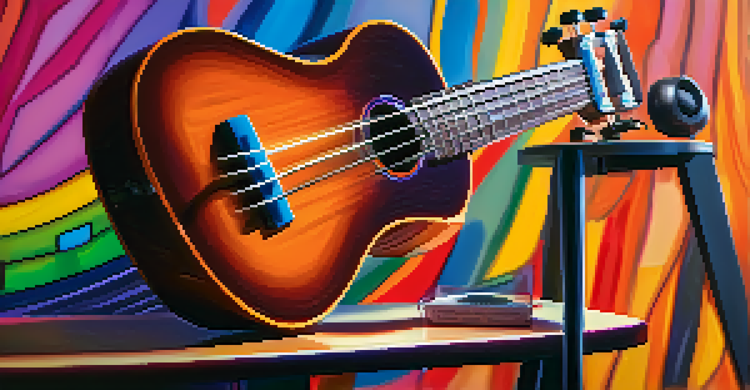 An electric ukulele on a music stand in a colorful studio, surrounded by musical equipment and artwork.