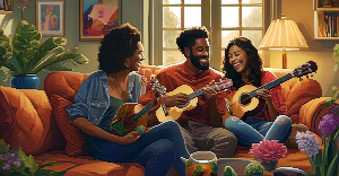 A group of diverse friends playing ukuleles in a cozy, warmly lit living room, surrounded by plants and colorful decor.
