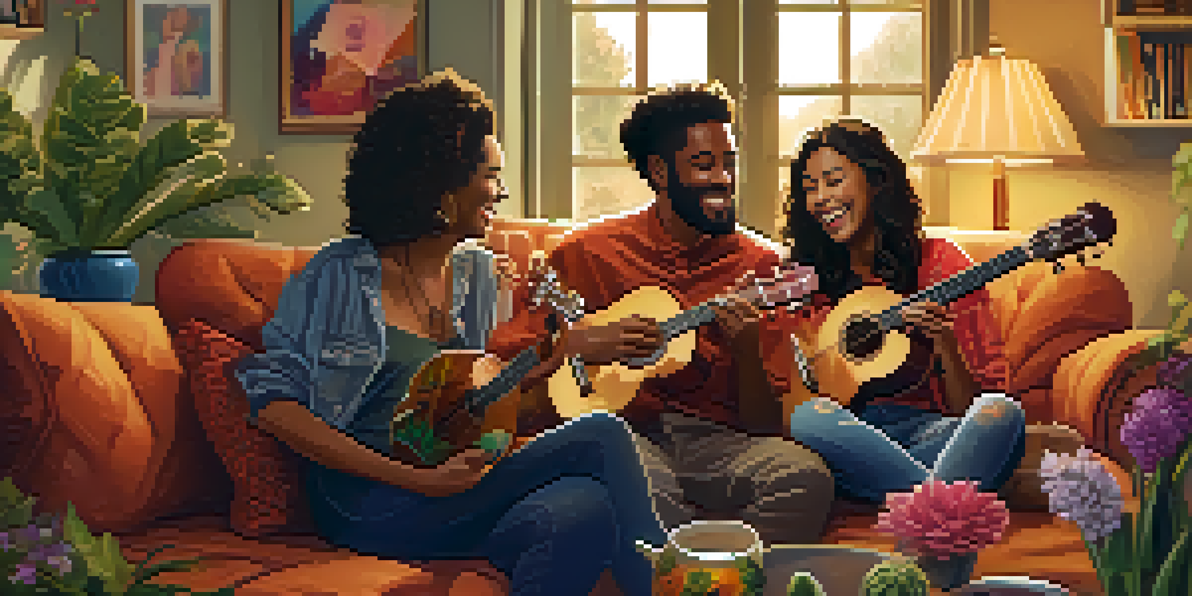 A group of diverse friends playing ukuleles in a cozy, warmly lit living room, surrounded by plants and colorful decor.