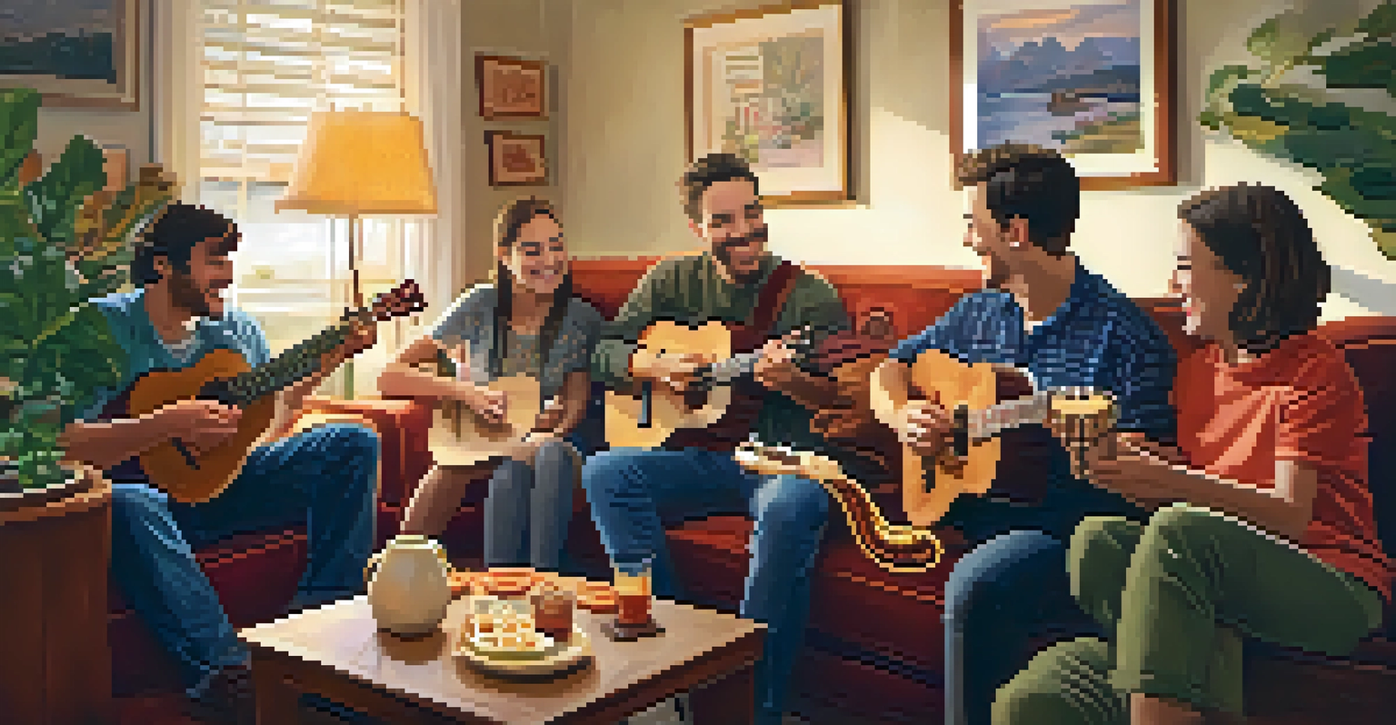 A group of friends playing ukuleles in a cozy living room, with warm lighting and snacks on the table.