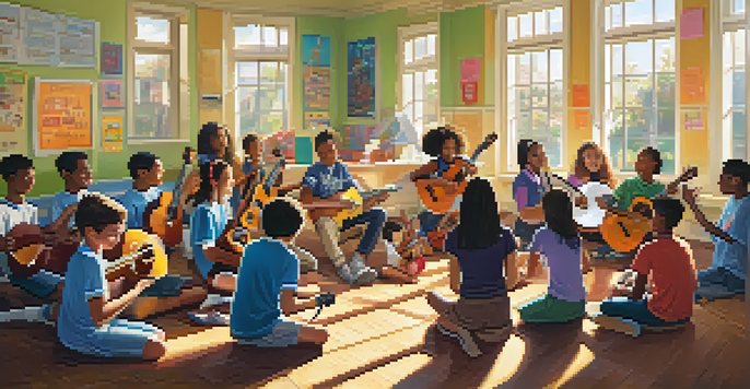 A lively music classroom with diverse middle school students playing ukuleles in a circle, surrounded by colorful decorations and sunlight.