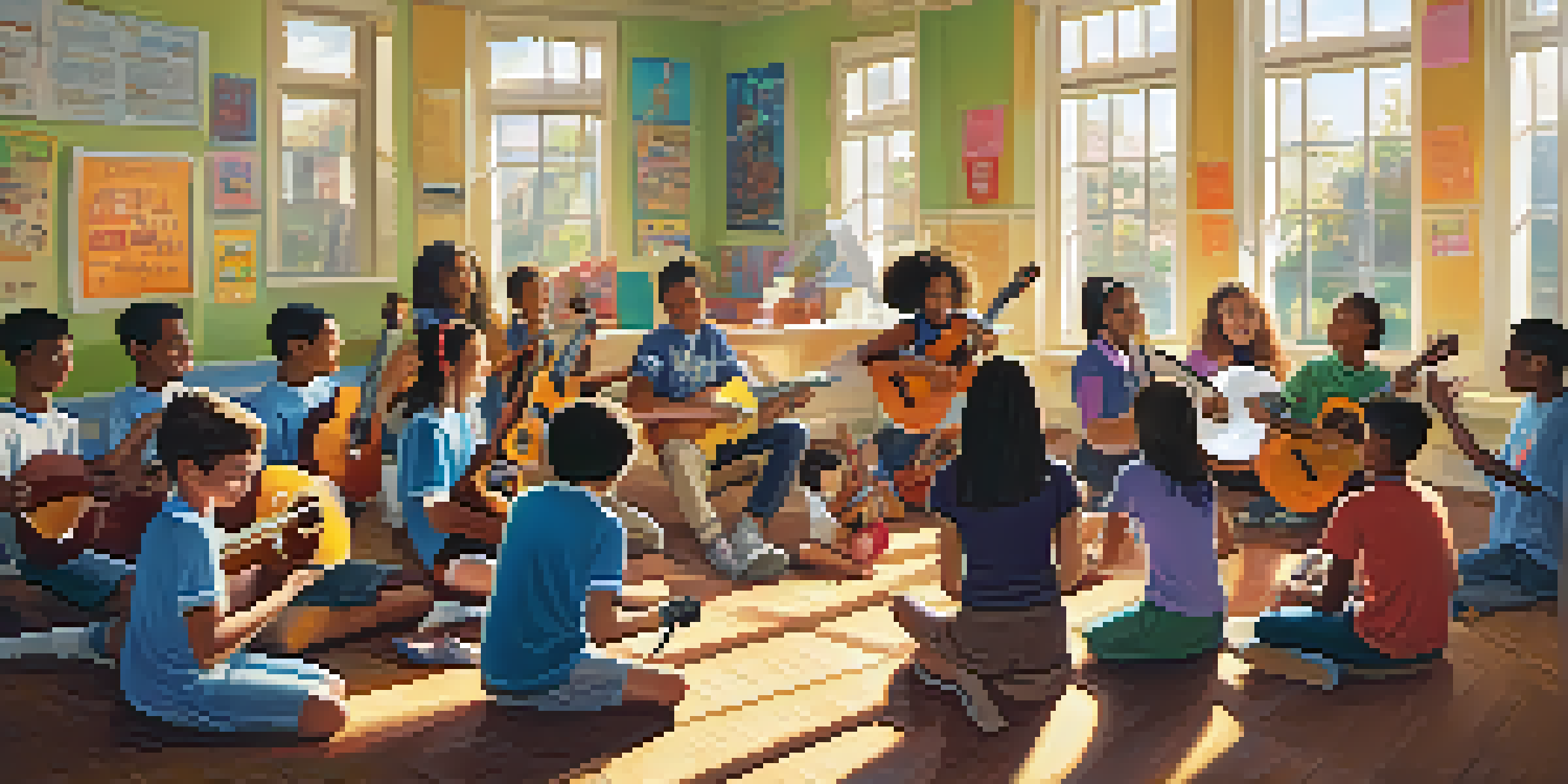 A lively music classroom with diverse middle school students playing ukuleles in a circle, surrounded by colorful decorations and sunlight.