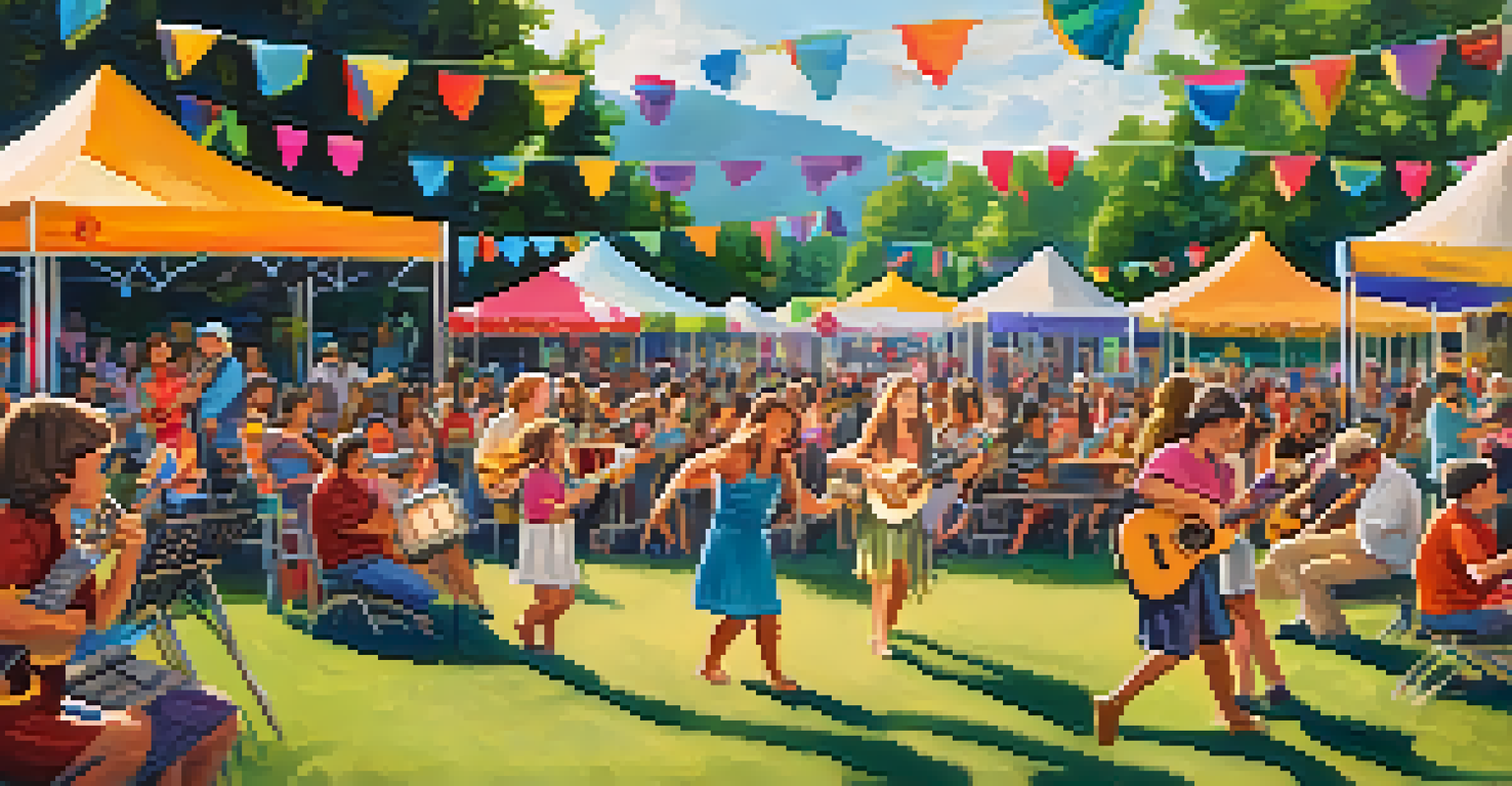 An outdoor ukulele festival with musicians on stage, colorful decorations, and a lively crowd enjoying the music and dancing.