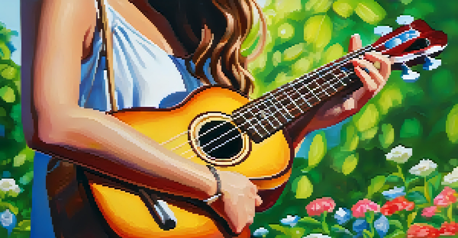 A concert ukulele being played outdoors in a green park, with a person’s hands positioned on the fretboard amidst a blurred background of flowers and sky.